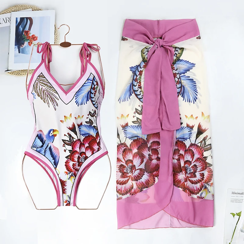 2024 mulheres roupa de banho 3 peça conjunto biquíni 3d flor vintage impressão maiô cintura alta sexy verão praia vestido bodysuit