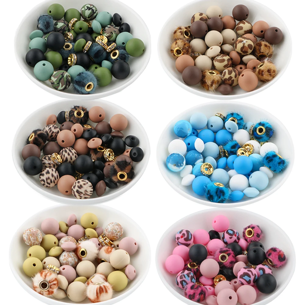 1Set 15mm Silicone Printed Round Beads Leopard Print Plush Ball For Making DIY Jewelry Necklace Bracelet Keychain Pen Accessorie