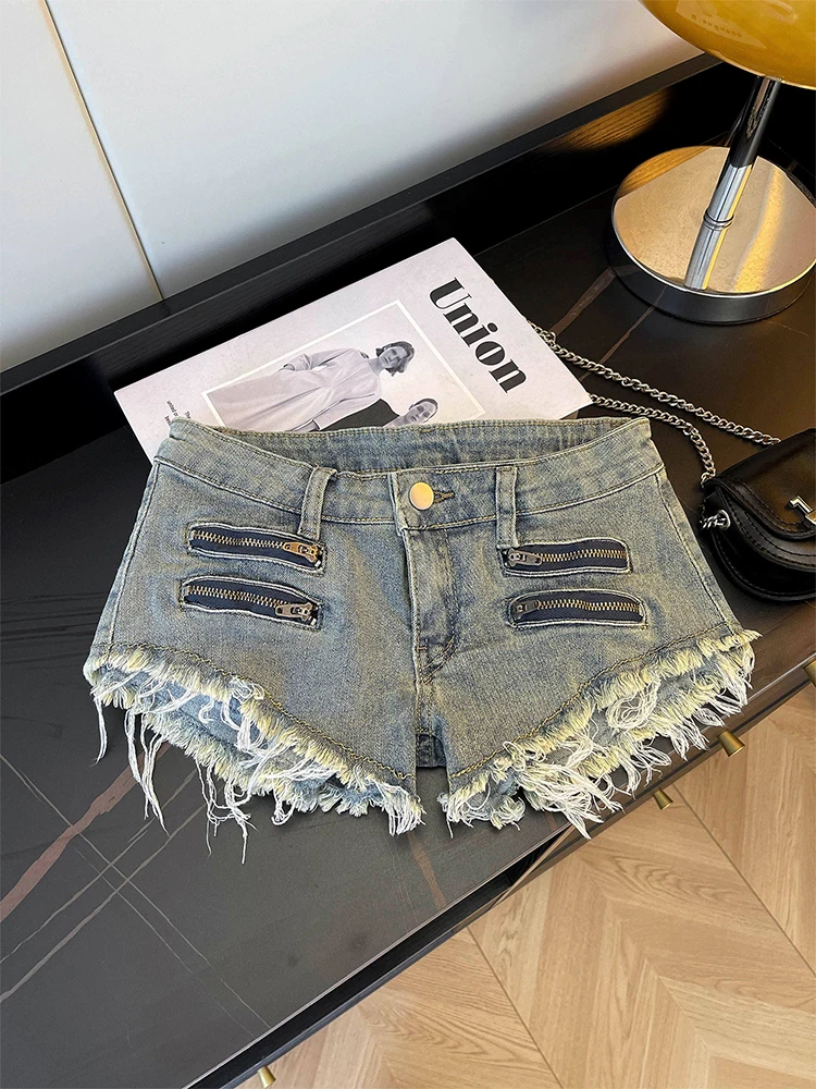 

Женские синие мини-джинсовые шорты винтажные 2000-х годов Y2k Gyaru с низкой посадкой и микро кисточками, джинсовые шорты, популярные ковбойские брюки, шорты, лето 2026