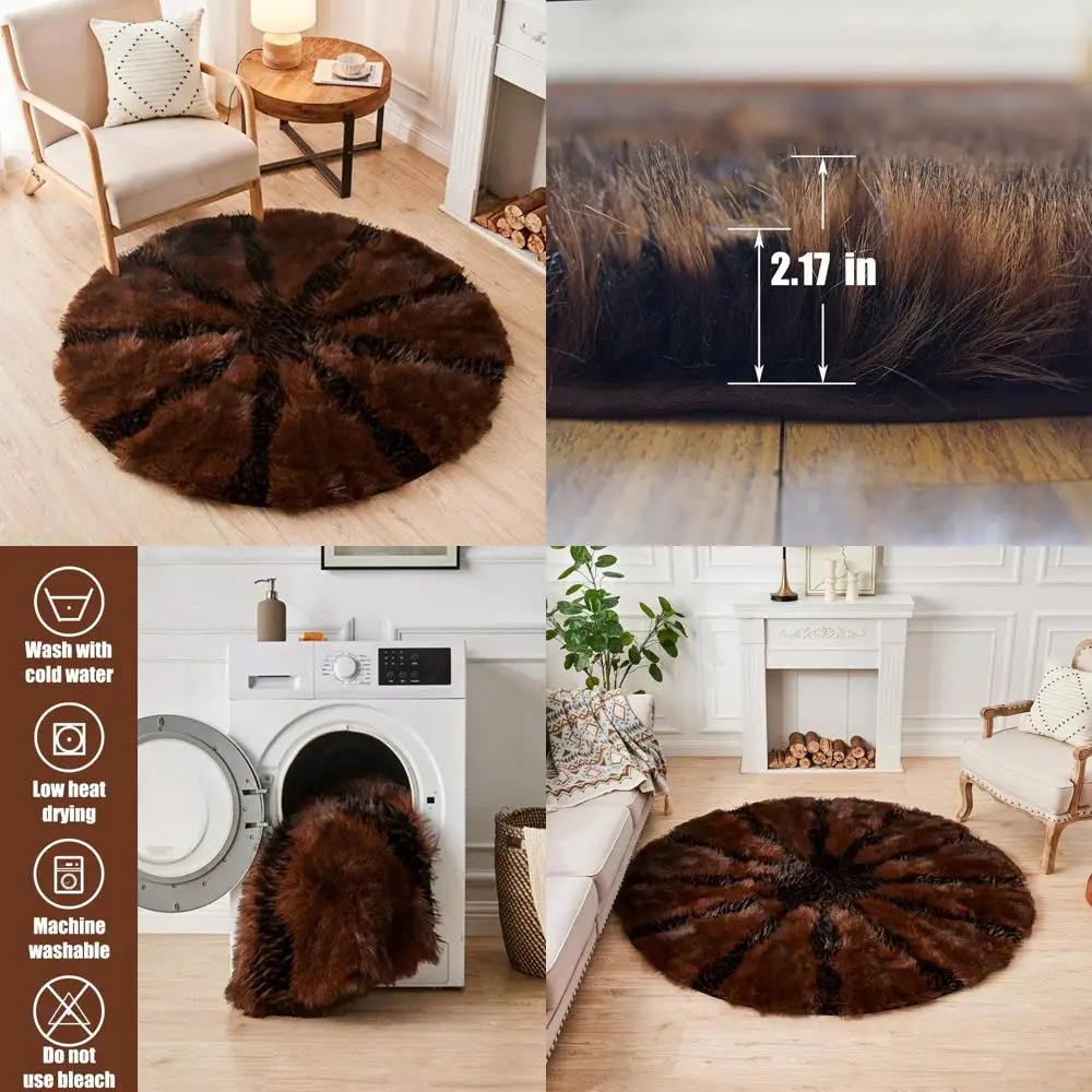 

Brown Round Faux Fur Rug, 4.6ft Diameter, Plush Shag Area Rug for Living Room, Machine Washable