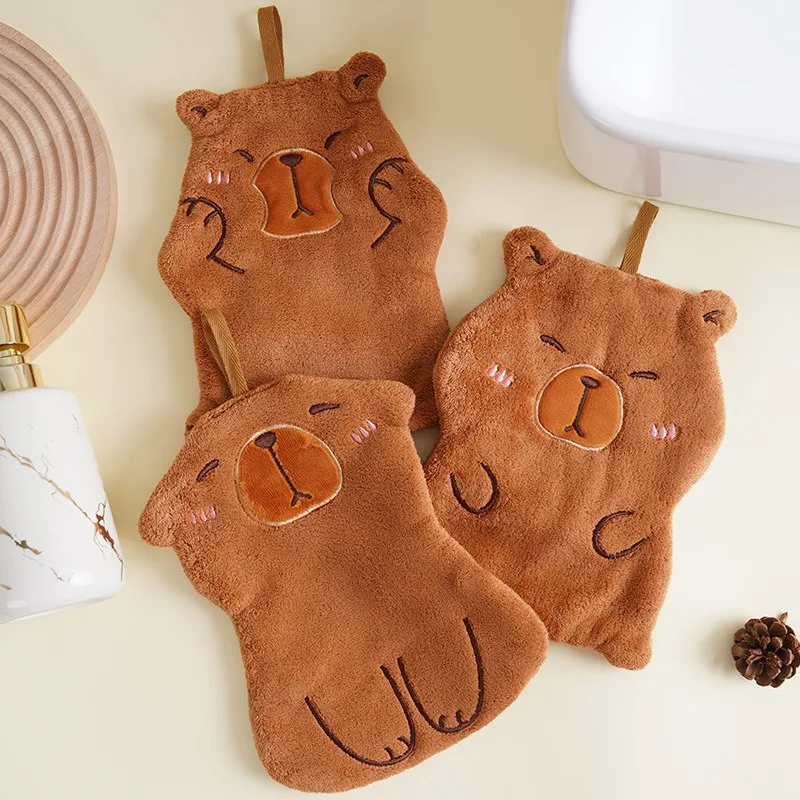 Toallas de mano de forro polar coral: diseño de capibara suave, absorbente, hipoalergénico y lindo para cocina