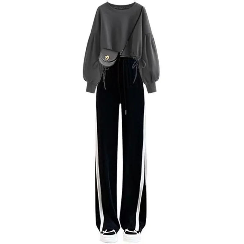 

S-2XL Spring Autumn Two Piece Set Women Elastic Waist Wide Leg Trousers Set Tracksui Pants Suit