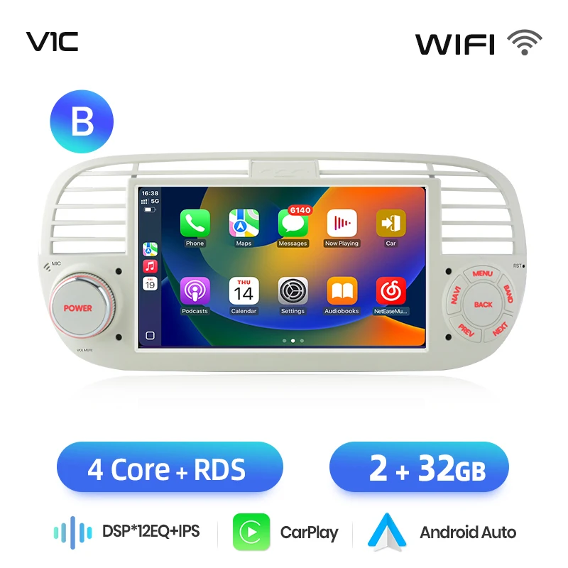 AWESAFE Draadloze CarPlay Autoradio voor FIAT 500 500C Abarth 2007-2015 met Android Auto GPS Navigatie Smart Systeem RDS DSP FM