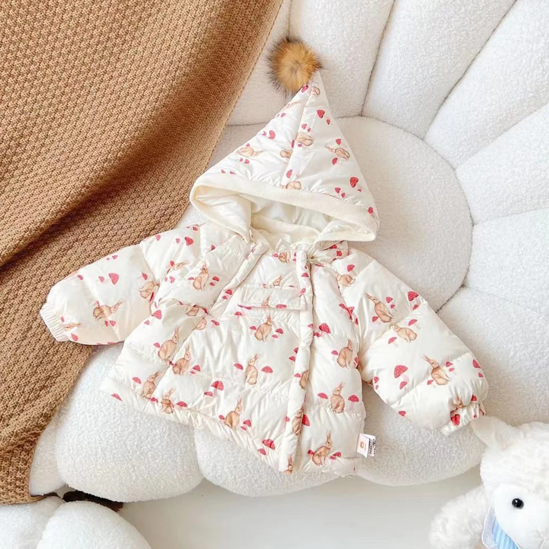 Children's Down Jacket 2025 Winter Girls' Rabbit Print Pointed Hat Hooded Coats Kids Thickened Warm Double Zipper Puffer Jackets