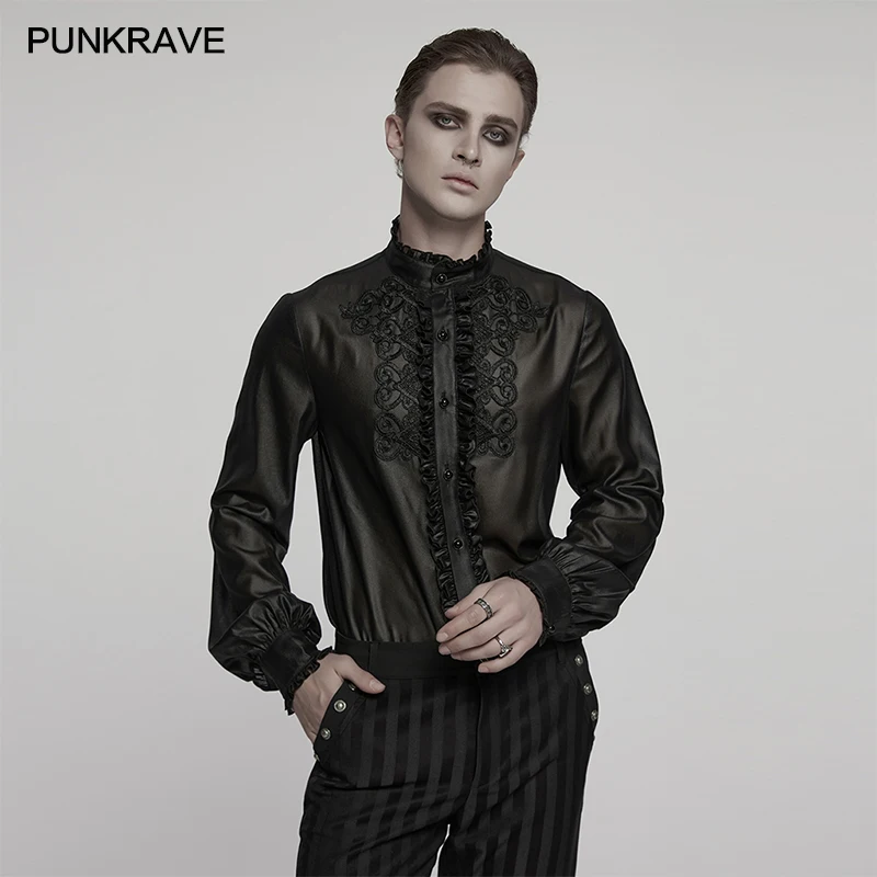 PUNK RAVE Men's Gothic Glossy Chiffon Texture Shirt Exquisite Symmetrical Decals Party Club Tops Two Colors Dress Shirts