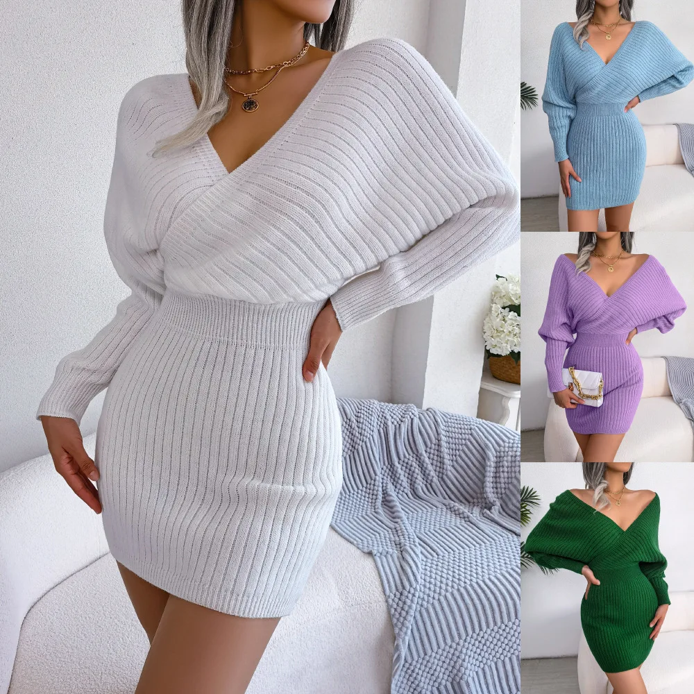 

Sexy Cross Deep V Neck Batwing Sleeve Knitted Skirt with Hip Wrapping Autumn Winter Ribbed Design Party Dress for Woman