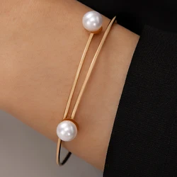 docona Simple Pearl Stone Single Layer Bangle Suitable for Women's Fashionable Geometric Alloy Adjustable Bracelet Accessories