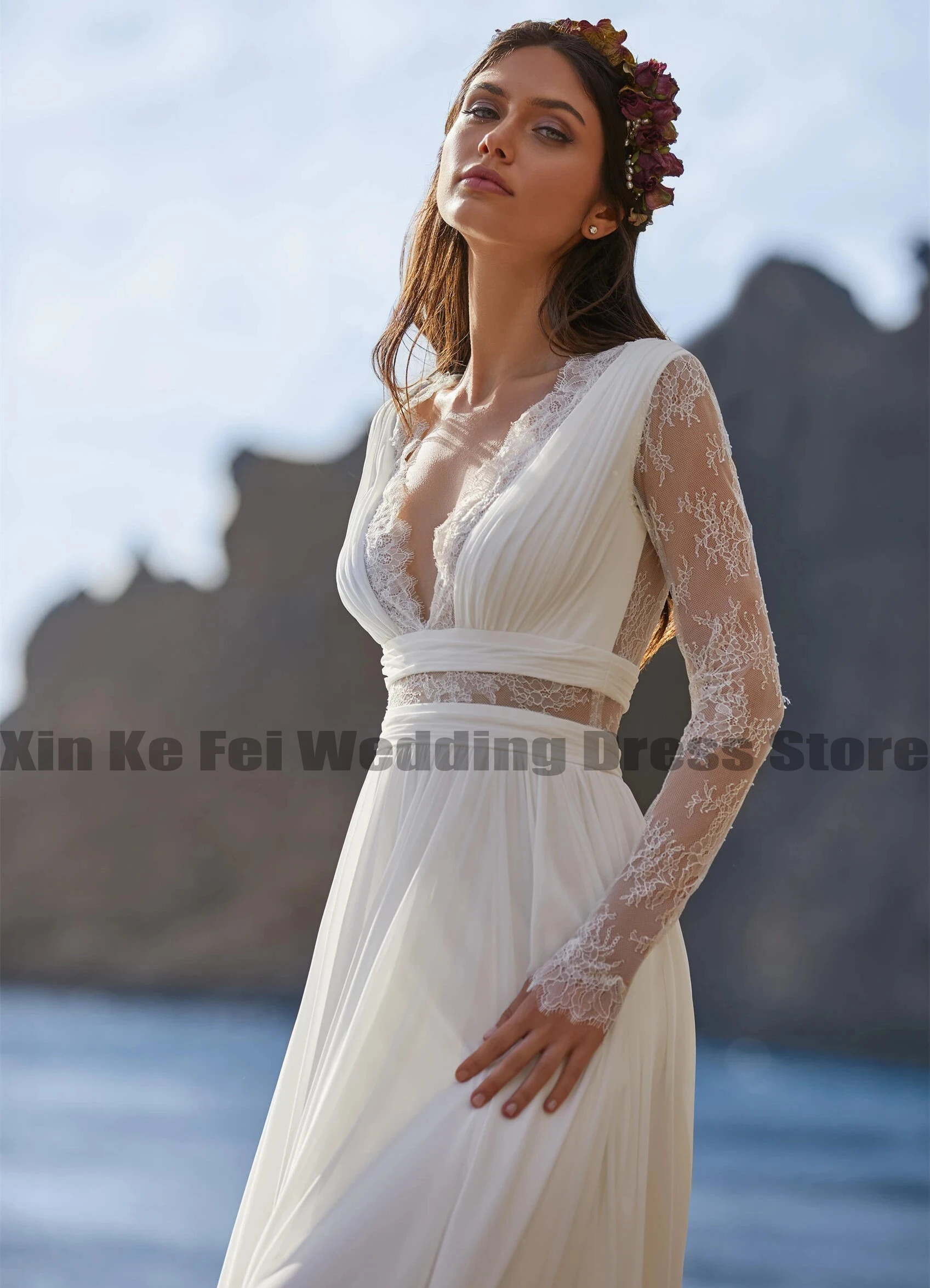 2023 vestidos de casamento boêmio feminino elegante com decote em v a linha tule renda applique vestidos de noiva formal praia festa robe de mariée