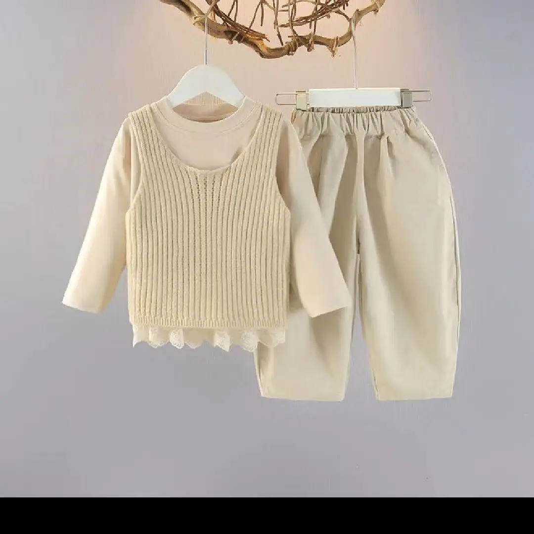 

Girls' Spring Sweater Set New Style Children's Stylish Vest Bottom Shirt Spring and Autumn Three Piece Set Kids Outfits