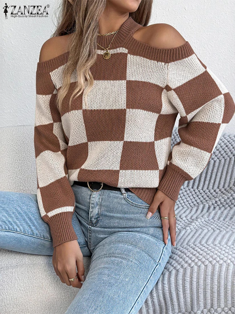 ZANZEA Sexy Spalla Fredda Plaid Pullover Maglioni Donna Autunno Manica Lunga Stampa Maglione Maglieria 2025 Inverno Casual Top lavorato a maglia