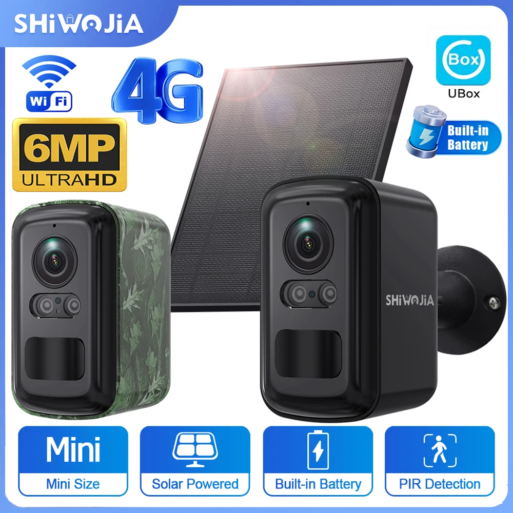 

SHIWOJIA 6MP Solar Panel Camera 4G SIM/WIFI 8000mAh Battery Security Camera Night Vision Two-Way Video Surveillance PTZ Monitor