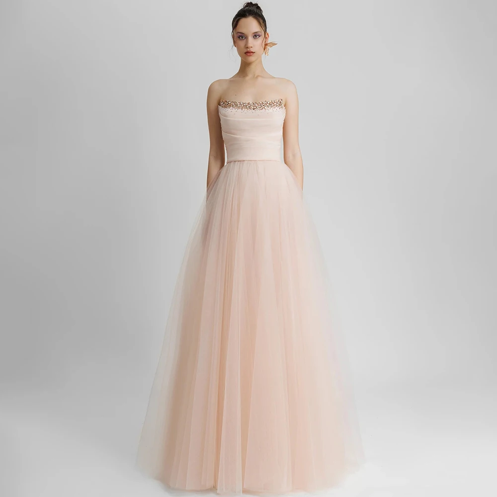 Chic Pleat A-Line Tulle Prom Dress Strapless Sleeveless with Beading and Diamond Decoration Open Back Floor Length Party Gowns