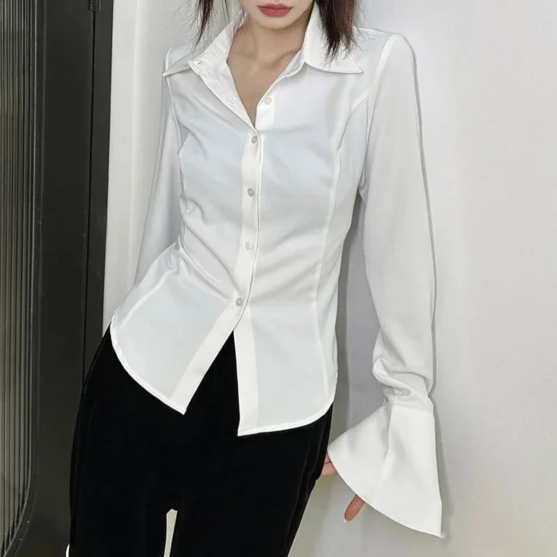 2024 early autumn trumpet long sleeved polo collar white shirt with a unique design for women, featuring a back strap top