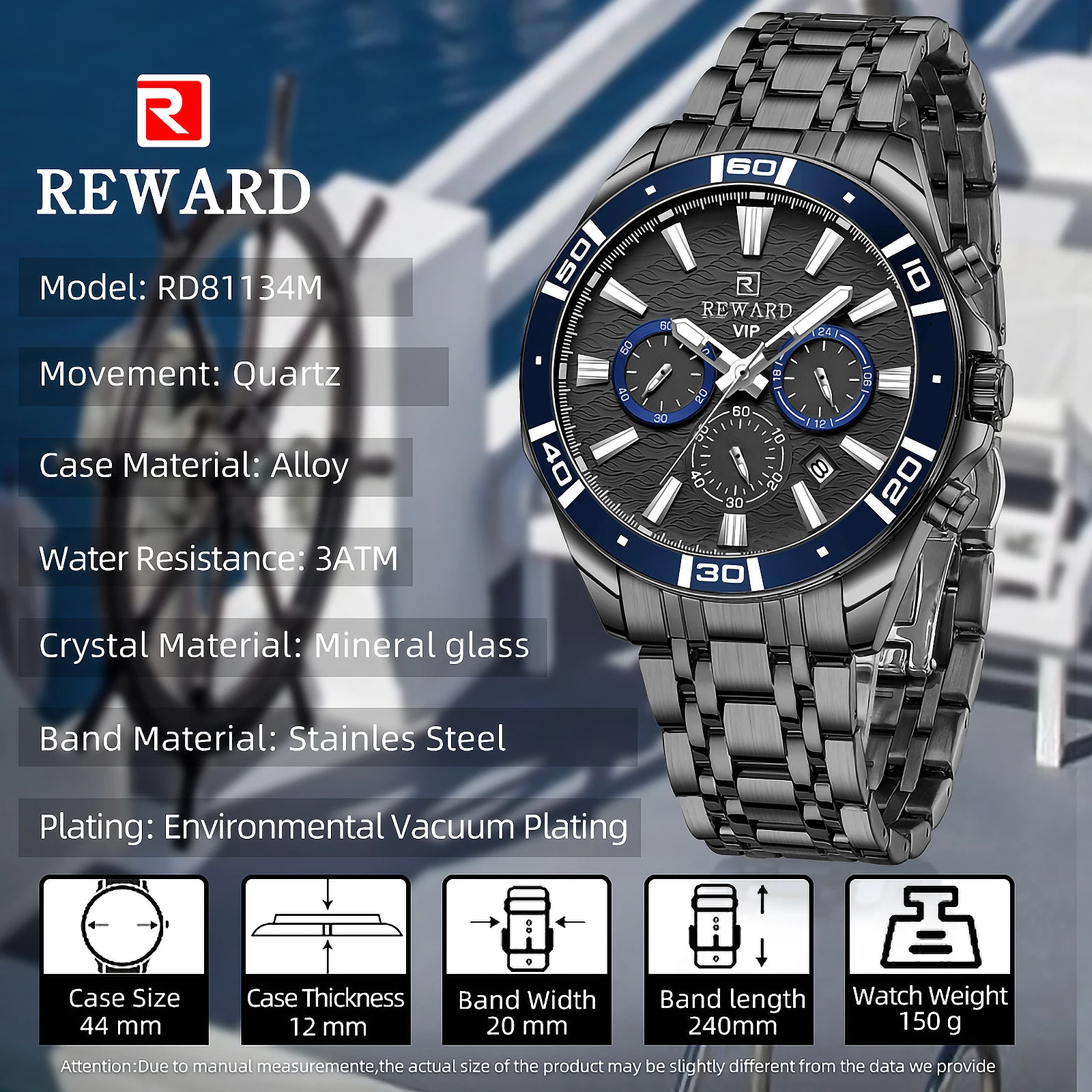 REWARD Mens Watches Waterproof Luminous Quartz Wristwatch Business Stainless Steel Strap with gift box