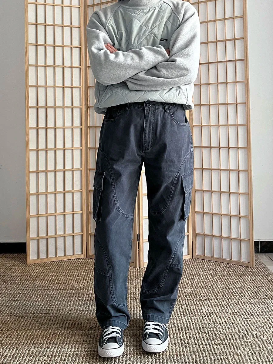 American Style Washed Vintage Multi-Pocket Work Pants Men's Loose Straight Leg Casual Long Trousers Trendy Youth Autumn