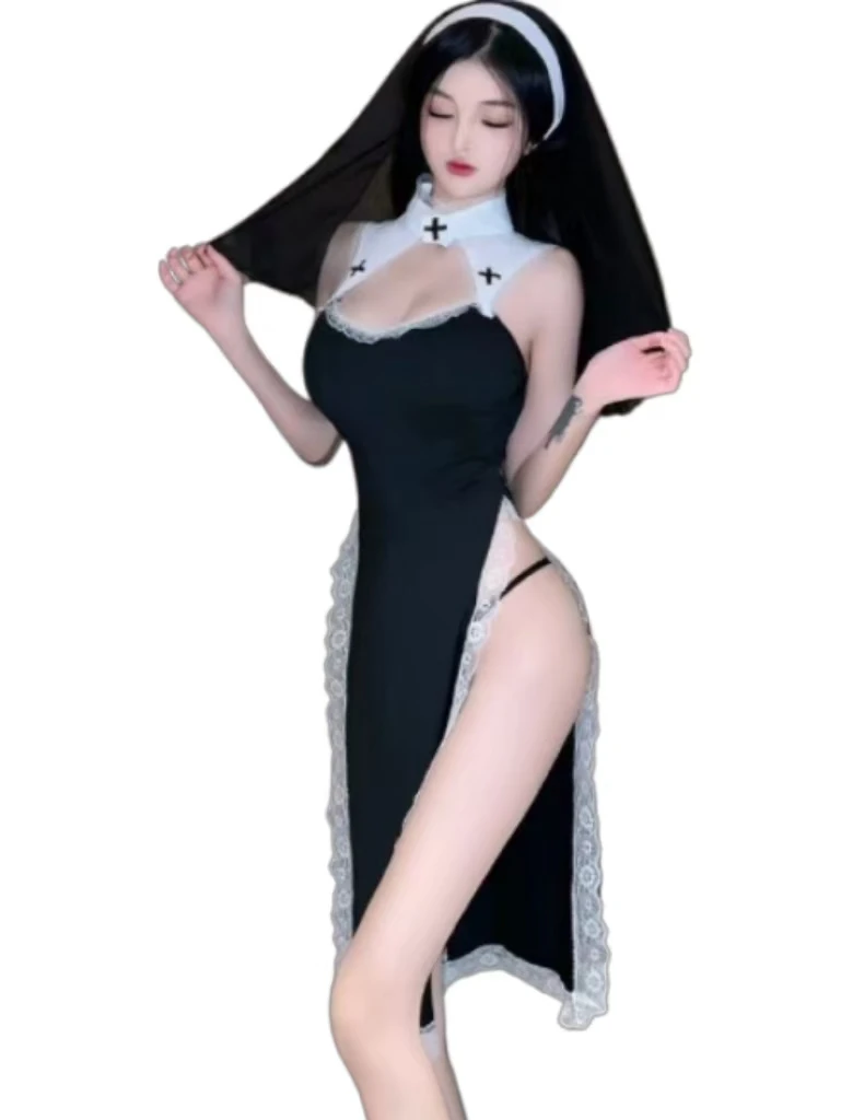 

Костюмы для косплея, порно одежда монахини, женское сексуальное женское белье, нижнее белье, длинное платье с высоким разрезом и трусиками, головной убор, эротический комплект