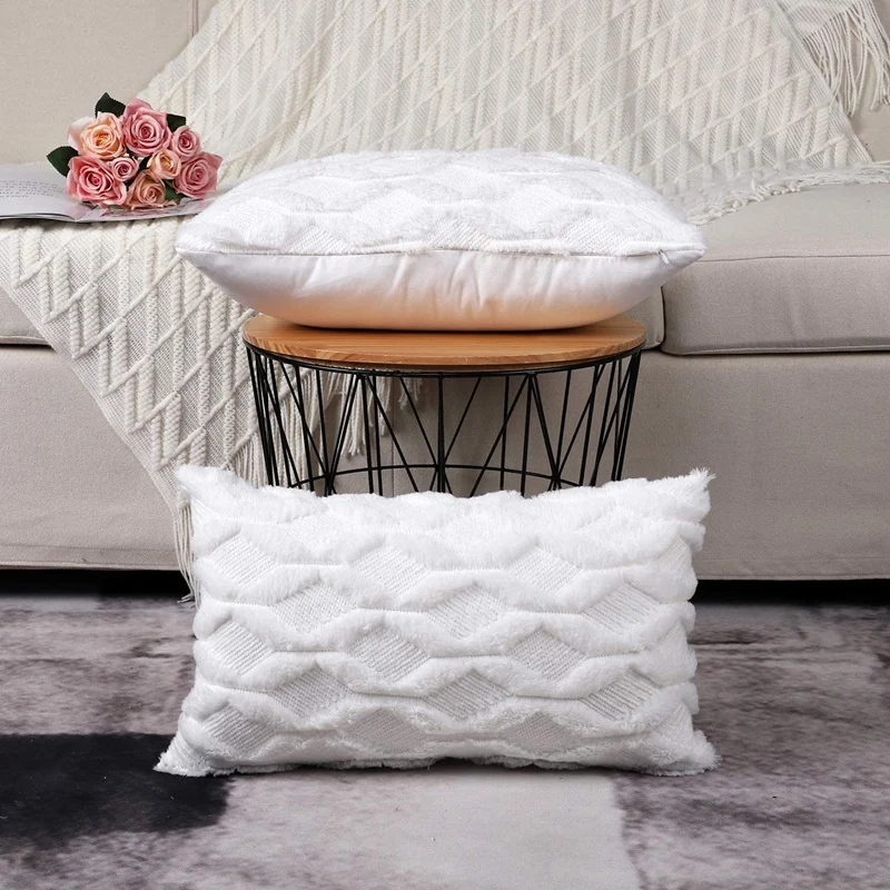 2Pcs Soft Plush Decorative Cushion Covers Luxury Style Throw Pillow Cases Pillow Shell For Sofa Bedroom White 12X20 Inch