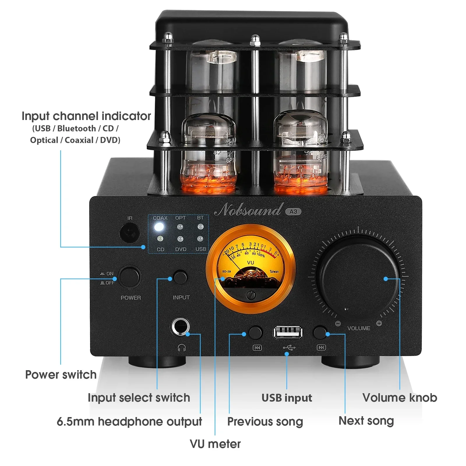 Nobsound A3 HiFi Bluetooth 5.0 Receiver Tube Amplifier USB Player Digital COAX / OPT Stereo Power Amp 35W×2 Headphone Amp