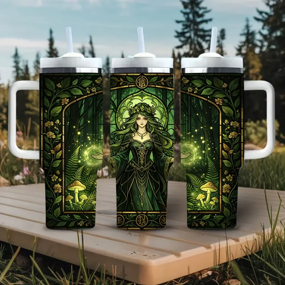 40Oz Tumbler with Handle, Green Magical Forest Goddess Print, Suitable for Women And Nature Lovers, Perfect for Outdoor Travel Camping And Daily Use, Fits Both Hot And Cold Drinks
