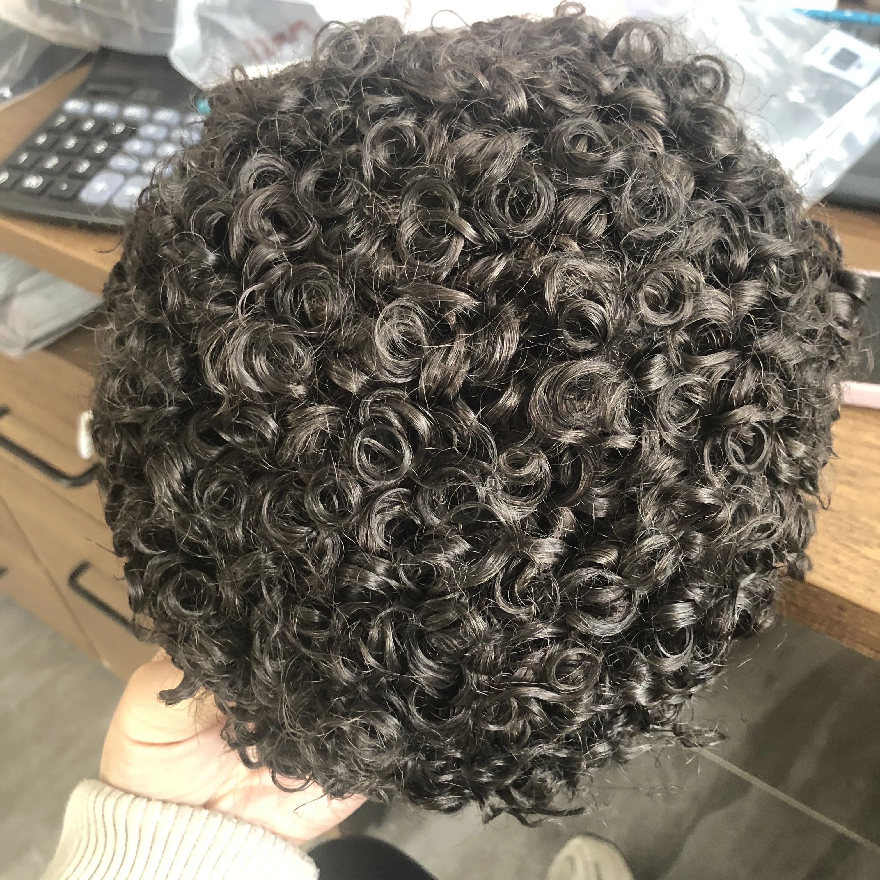 Brown 18mm Curly 100% Human Hair Men Toupee Durable Full Skin Base Male Wigs Replacement Natural Hairline Capillary Prosthesis