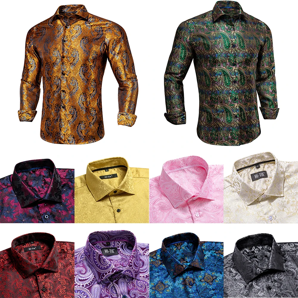 Hi-Tie Fashion Mens Silk Shirts Long Sleeve Gold Blue Paisley Jacquard Lapel Shirt Casual Formal Wedding Business Party Gifts