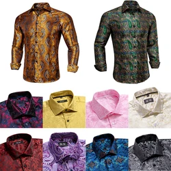 Hi-Tie-camisas de seda a la moda para hombre, camisa de manga larga con solapa de Jacquard Paisley dorado y azul, regalos formales informales para fiesta de negocios y boda