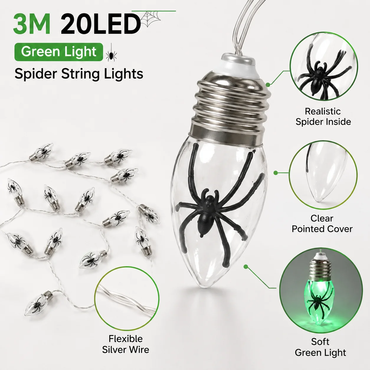 1pc 20LED Halloween Clear Bulb With Black Spider String Light Battery Powered For Home Bedroom Garden Park Party Yard Decoration