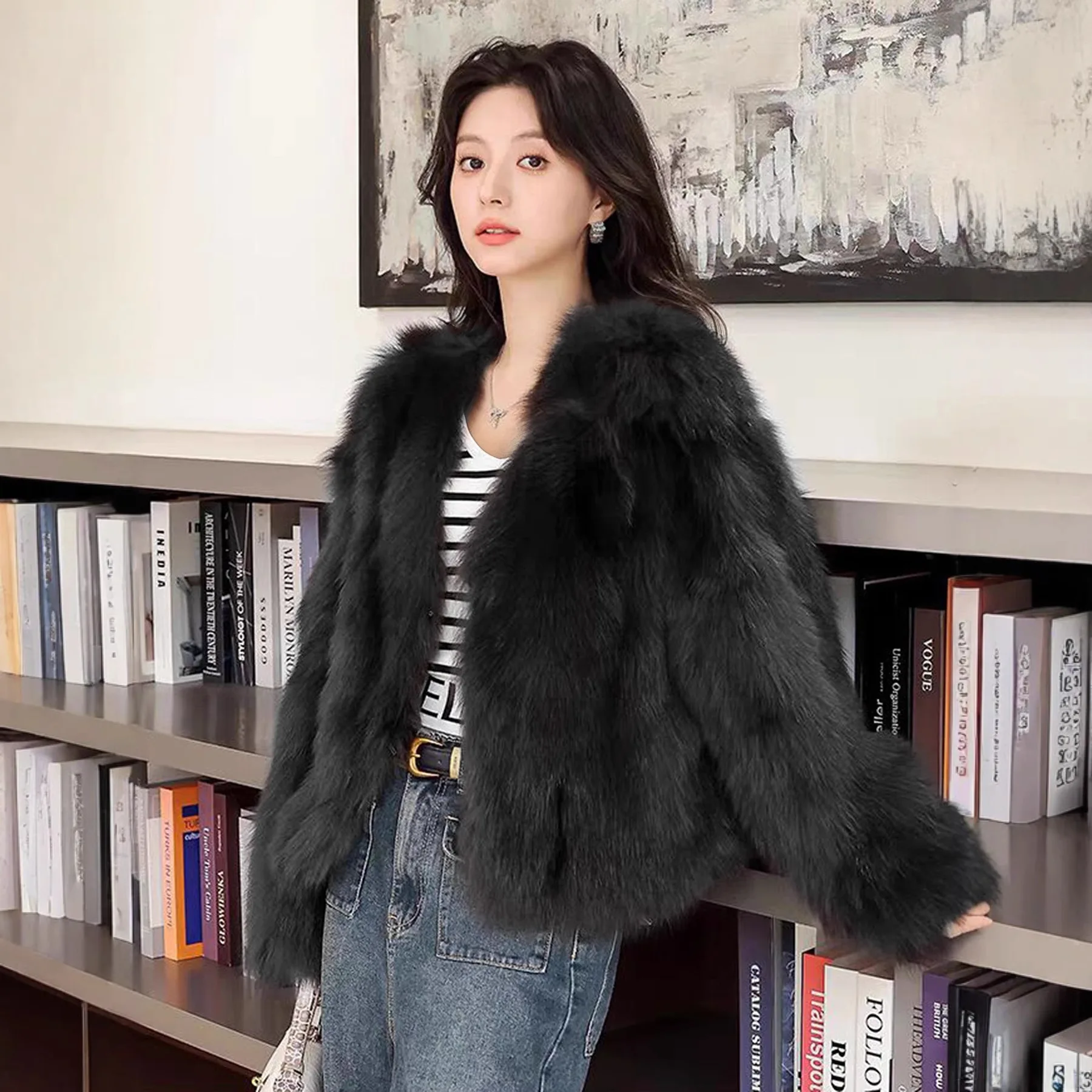 인조 모피 코트 여성용 솔리드 퍼 재킷 긴 소매 브이넥 버튼 두꺼운 따뜻한 퍼 캐주얼 오피스 레이디 2025 가을 겨울