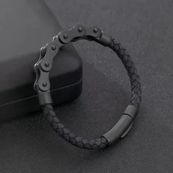 Retro Punk Bike Chain Hand Woven Leather Bracelet with Metal Buckle for Men Motorcyclist Rock Party Jewelry Gift