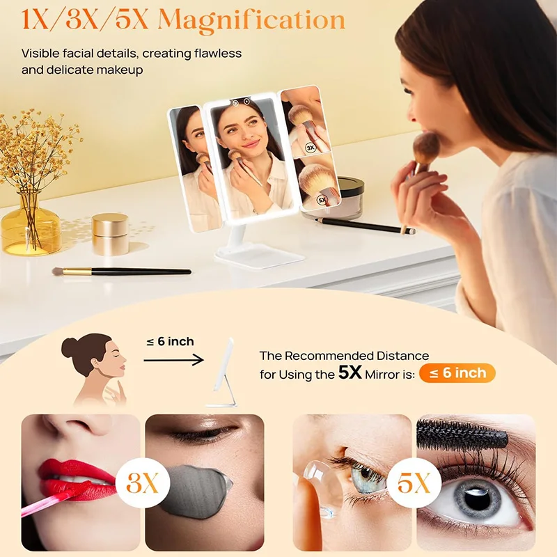مرآة مكياج ثلاثية الطي للسفر مع تكبير ضوء LED، مرآة زينة مخصصة هدايا للنساء #2