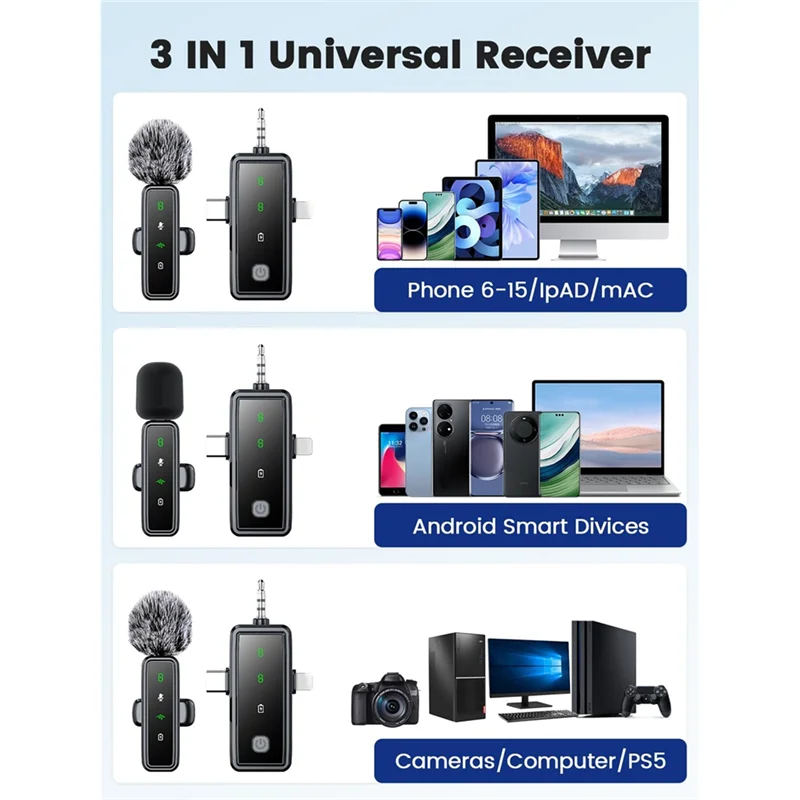 Wireless Lapel Microphone 3 In 1 Mini Mic For Iphone/Android Camera–LED Display Omnidirectional