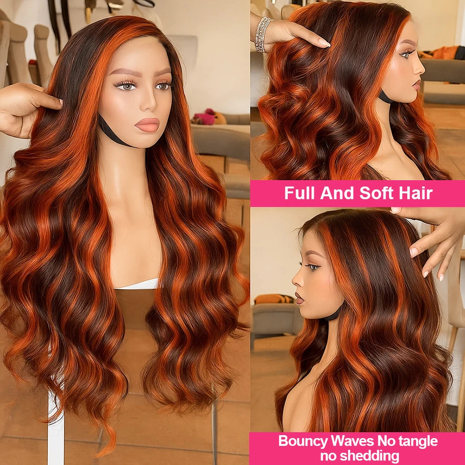 ボディウェーブ # 4/350 オンバージンジャー ブラウンハイライトウィッグ 30インチ 5x5 グルーレス ブラジリアンレミー プレプラッキング済み人毛ウィッグ 女性用