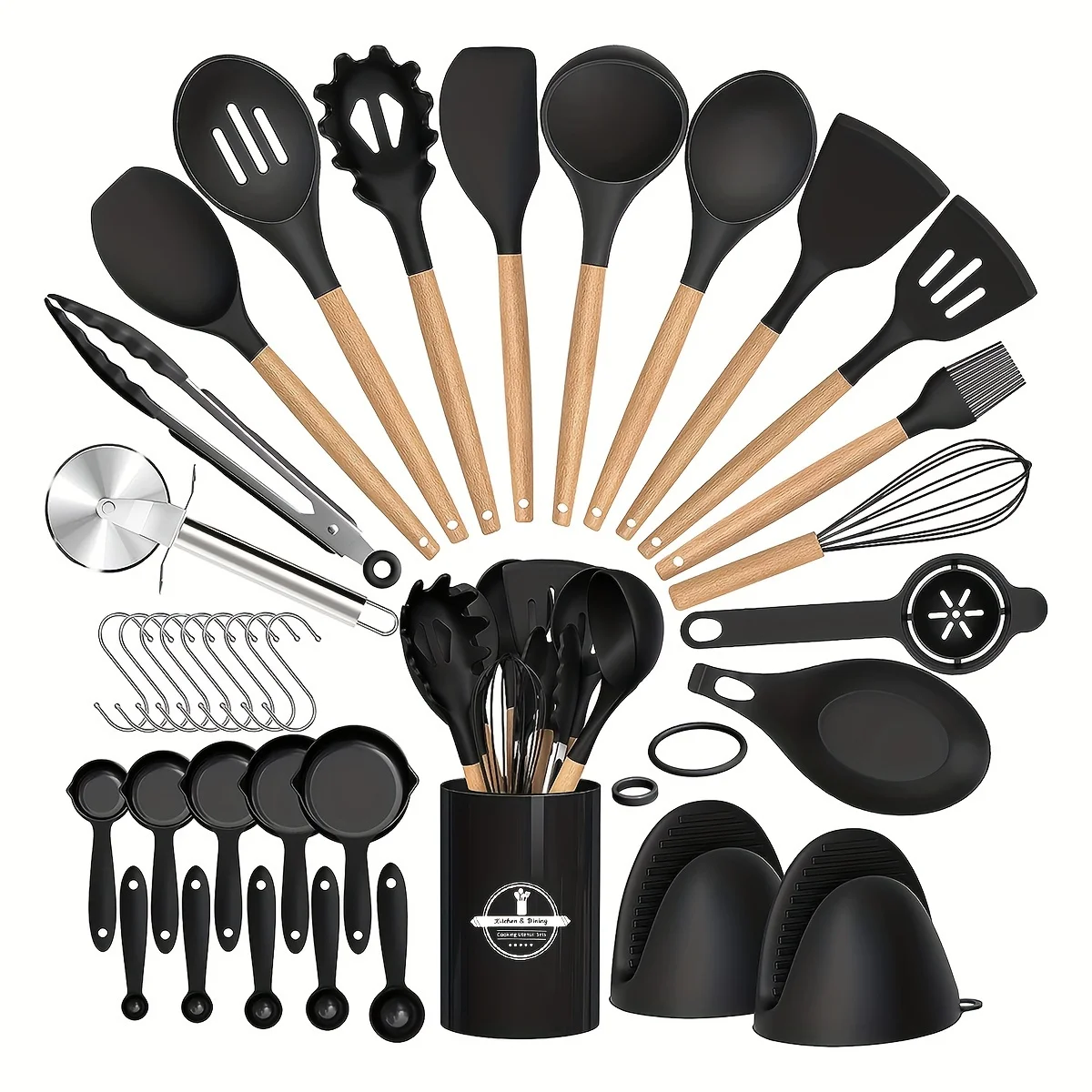 Set da cucina in Silicone Premium da 37 pezzi con manici in legno: elementi essenziali per la cucina ad alta temperatura, antiaderenti e facili da