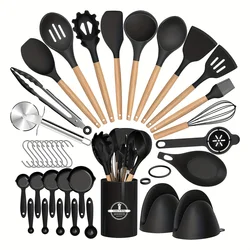 Set da cucina in Silicone Premium da 37 pezzi con manici in legno: elementi essenziali per la cucina ad alta temperatura, antiaderenti e facili da pulire