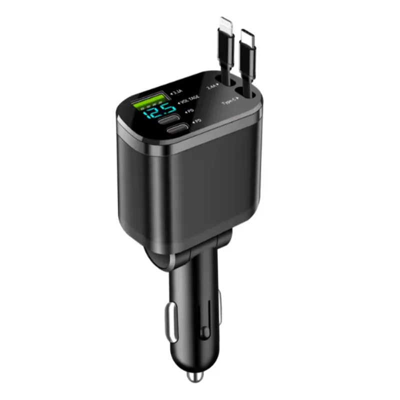 PD شحن سريع 5 في 1 شاحن سيارة USB قابل للسحب C مع شاحن USB للهاتف المحمول وكابل