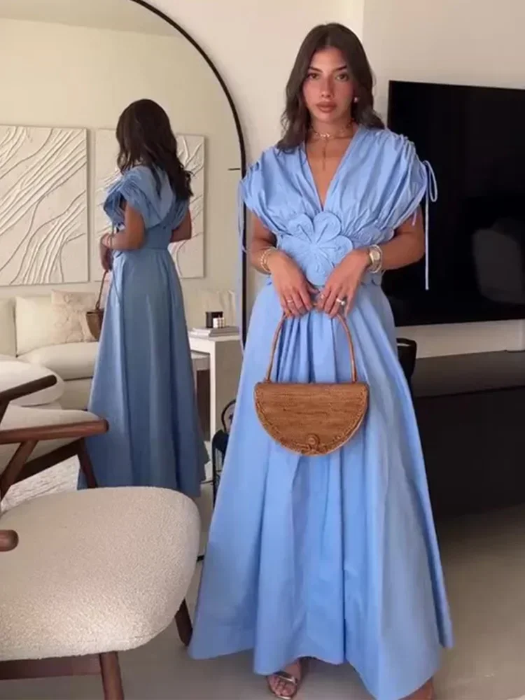 Women Elegant 3d Flower Solid Pleated Long Dress Chic V Neck Short Sleeved Drawstring Lace Up Robes Summer Lady High Street Wear image 5
