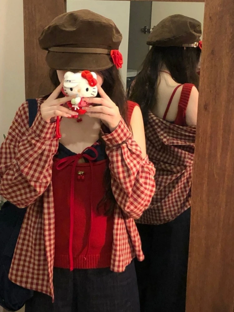 

Retro Red Plaid Long Sleeve Women's Shirt Spring Outerwear Lazy Style Loose Slimming Shirt Elegant Open Cardigan Top