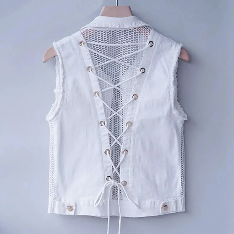 Women's Hollow-out Denim Waistcoat, Sleeveless Cowboy Jacket, Female Cardigan, Basic Coat, Spring, Summer Fashion, New