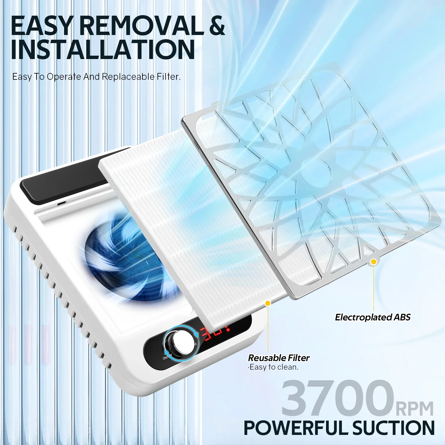 熱風調整可能、強力なネイルダストコレクター、プロ仕様ネイルダストエクストラクター、再利用可能なフィルターツール付き