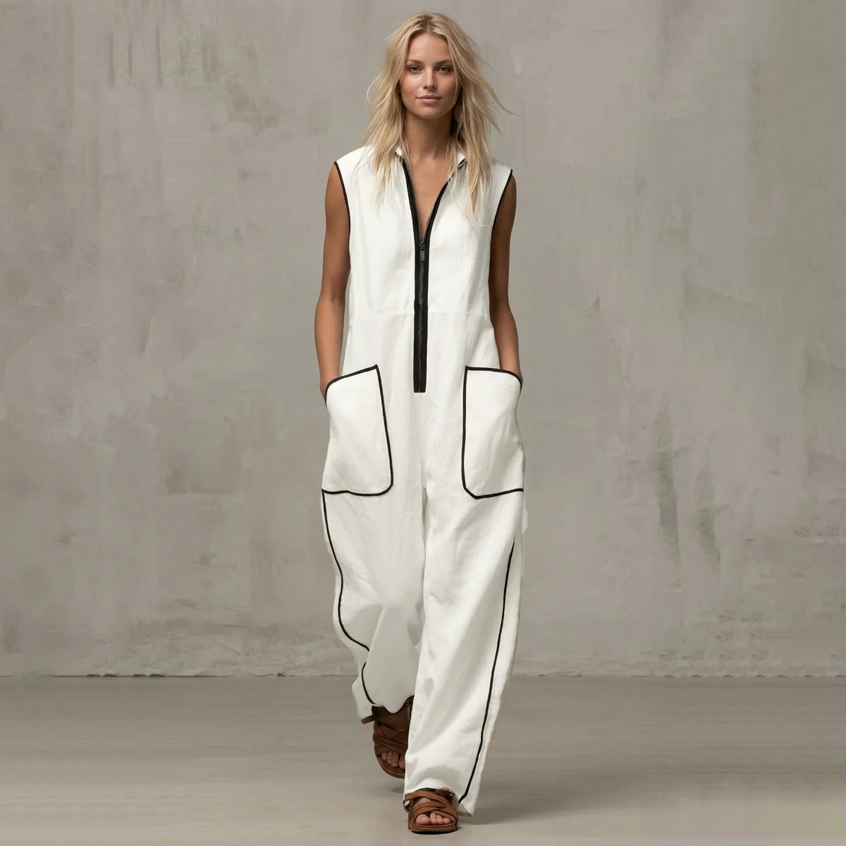UOOZEE Women White Jumpsuits 2026 New Contrast Color Line Pockets Loose Stand Collar Zipper Casual Vacation Wide Leg Outfits view 4