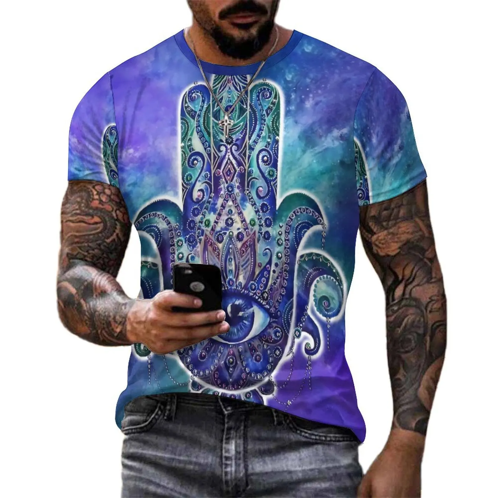 Camiseta original con diseño retro de la mano de Hamsa, camisetas de estilo urbano con motivos de la Mano de Fatima, camiseta de hip hop para hombre, diseño de manga corta, ropa de talla grande.