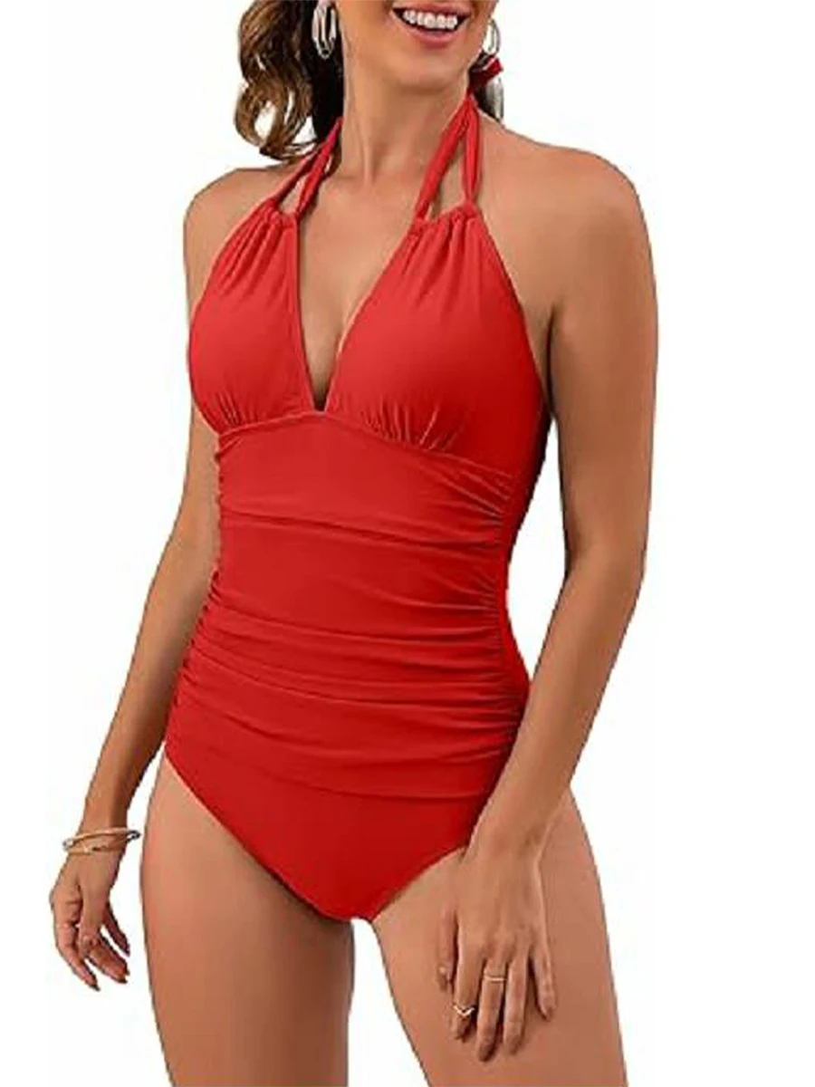 

Women's Monokini Swimsuit Summer Sleeveless Cutout Ruched Halter Bathing Suit Swimwear