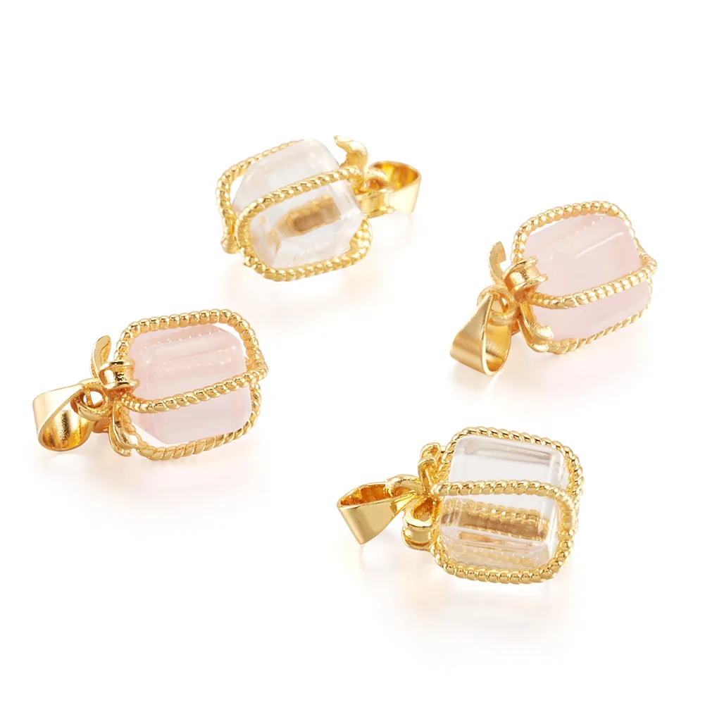 4Pcs Natural Rose Quartz Pendant Golden Plated Brass Quartz Crystal Gift Box Copper Buckle Pendant DIY Gifts Accessories Crafts