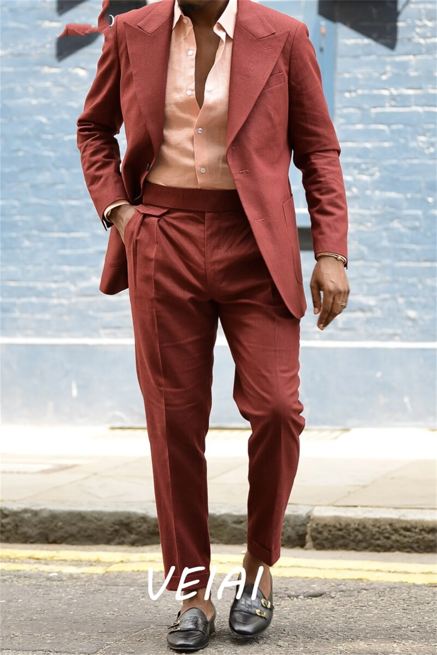 

CustomizedJujube Red Linen Men Suits 2 Piece South Africa Blazer Sets Prom Suits Big and Tall Daily Travel Outfit for Men Jacket