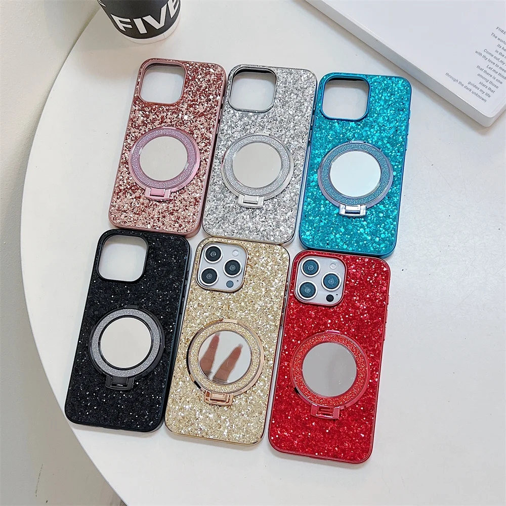 Glitter Magnetic Makeup Mirror Holder Case for iPhone 16 15 14 Plus 13 12 11 Pro Max Magsafe Wireless Charge Shiny Diamond Cover