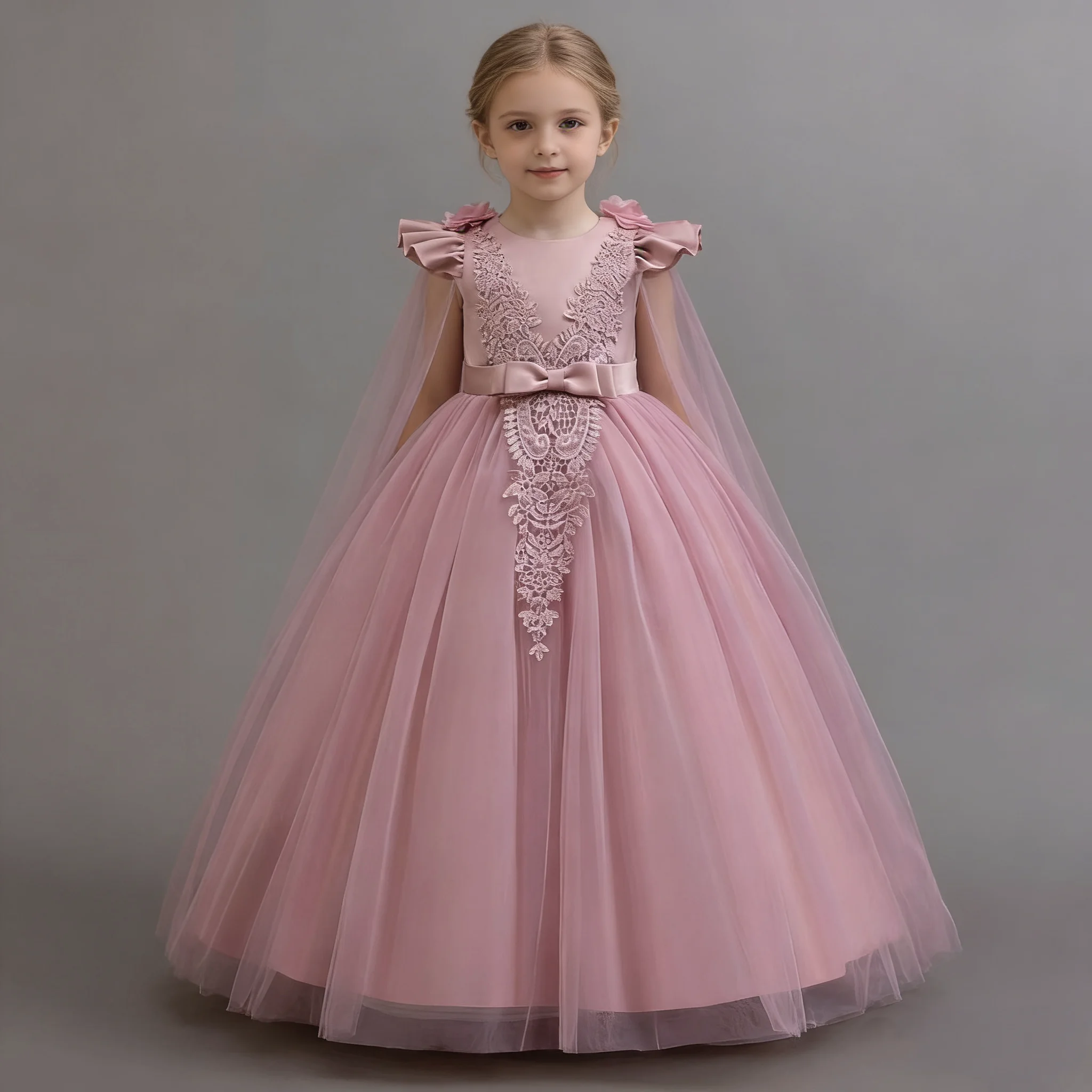 

Elegant Teen bean paste pink girl birthday party evening dress Wedding Long Tulle Flower Girl Gown Prom Party Evening Dress4to12