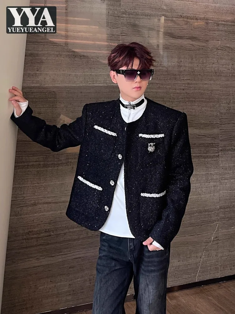 

Spring New Mens O Neck Single Breasted Jackets Fashion Diamond Sequins Multi Pockets Short Coat Male Casual Outerwear Hot Sale