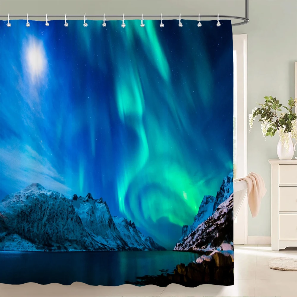 Night Starry Sky Aurora Landscape Fabric Shower Curtain Waterproof Polyester Bathroom Curtains Home Decorate Curtains with Hooks