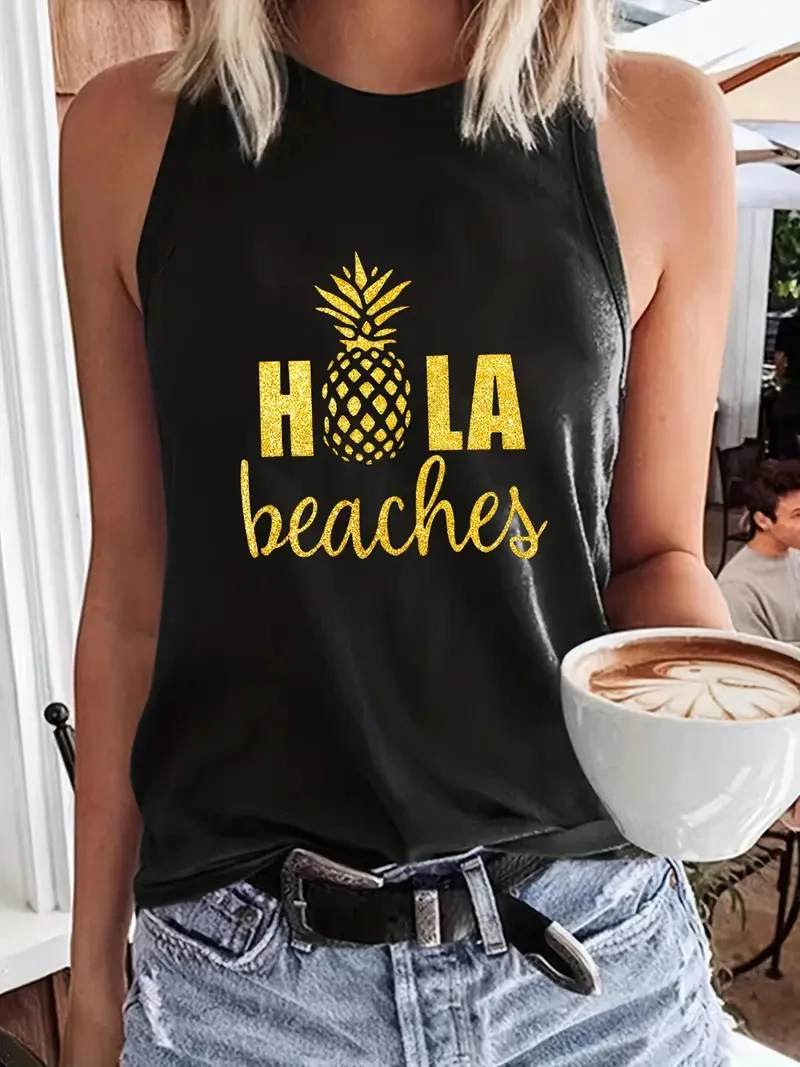 Pineapple and fruit print vest Sleeveless crew neck casual top Holiday vest Summer and spring tops sexys women's wear