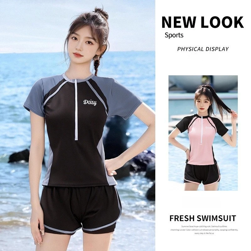 WomenSport Swimsuit Short Sleeve Zip Front Color Block Rash Guard Boy Shorts Modest Bathing Suit for Surfing Beach Swimming Pool